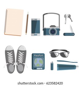 Set of stuff for traveling icon vacation time  