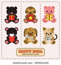 Set Of Stuffed Animals, Bears, Pigs, Dogs, Cats, Slots, Holding Gifts, Vector Patterns	
