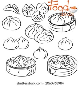 Un juego de doodles de bollos al vapor rellenos. Ilustración vectorial dibujada a mano sobre fondo blanco.
