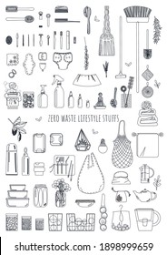 A set of stuffs for eco friendly lifestyle in the minimalistic style with black line. Vector graphic.