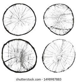 Set of   stumps cross sections with annual rings. Black on white. Vector Illustration.