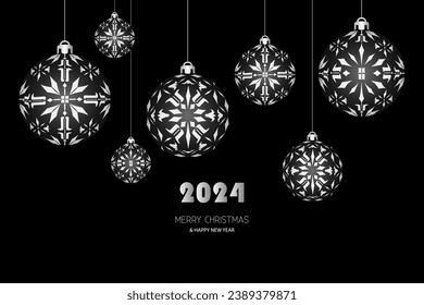 Set of  style christmas balls with geometrical pattern. New Year and Christmas theme. Black on the black background. Vector illustration.
