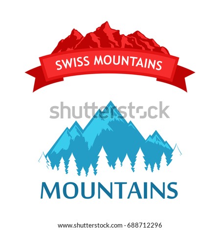 Set of Style Colorful Emblem with Alpine Mountains in Blue and Red color isolated on white.