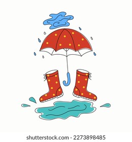  Set in the style of doodle. Rain, puddles, rubber boots and an umbrella. Vector illustration. Isolated background.	