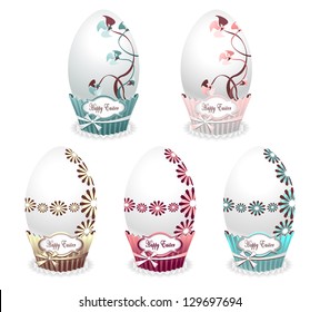 Set Style Easter Eggs  with drawing flowers bows and label isolated