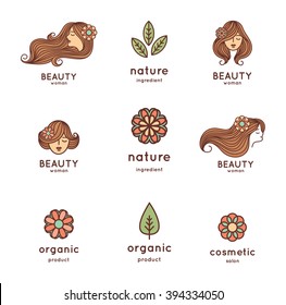 Set of style elements for labels, logos and badges for beauty, health care, cosmetics and spa. Thin line style 