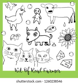 Set in the style of hand drawing of animals, comic illustration outline. Kit Of farmer.