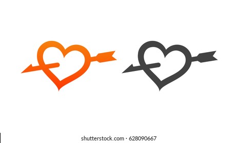 Set of Style Icon, Heart Pierced by Arrow, Vector Illustrations to Valentine's Day in Orange and Black color.