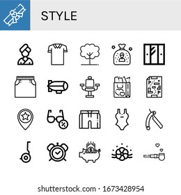 Set of style icons. Such as Scroll, Woman, Polo shirt, Tree, Bag, Wardrobe, Skirt, Zeppelin, Chair, Love, Maps, Star, Sunglasses, Short, Swimsuit, Shaving razor , style icons