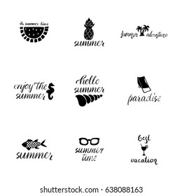 A set of style lettering summer designs. Hand drawn calligraphic templates. Summer labels, logos, icons, tags and elements set for summer holiday, travel, beach vacation, sun. Vector illustration.