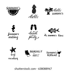 A set of style lettering summer designs. Hand drawn calligraphic templates. Summer labels, logos, icons, tags and elements set for summer holiday, travel, beach vacation, sun. Vector illustration.