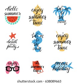 A set of style lettering summer designs. Hand drawn calligraphic templates. Summer labels, logos, icons, tags and elements set for summer holiday, travel, beach vacation, sun. Vector illustration.