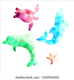 Set in the style of low poly marine animals: starfish, dolphin, sea turtle