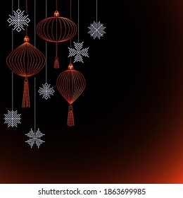 Juego de bolas de Año Nuevo y copos de nieve. Tarjeta de decoración navideña, afiche o pancarta.  Tema de Año Nuevo. Ilustración vectorial.