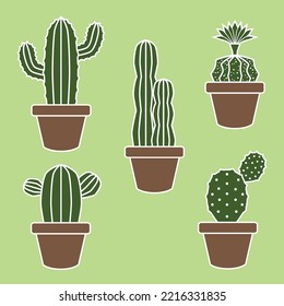 set of styled green cacti