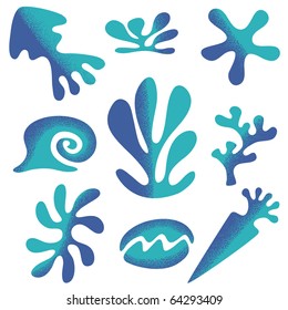 set of styled sea plants and animals