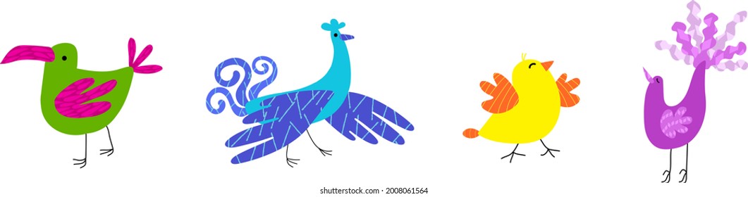 Set of stylised birds in bright colors. Each bird has a unique design on its wings, tail feathers and beak. Flat vector illustrations isolated on white background.