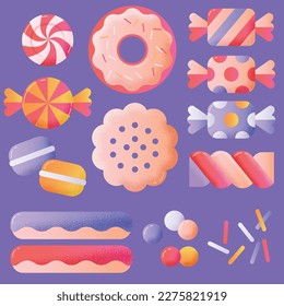Conjunto de caramelos estilizados e ilustraciones vectoriales dulces, galletas, eclair, macarón, rociadores y rosqueros