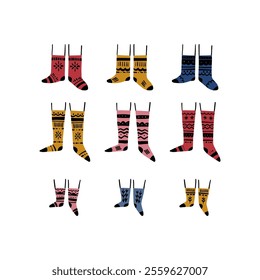 A set of stylised Christmas socks in vibrant colors and christmas ornament. The design is playful and cozy, perfect for seasonal decorations or greeting cards.