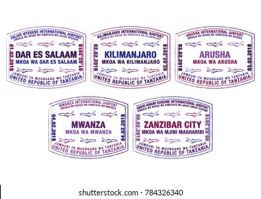 Set of stylised passport stamps for major airports of Tanzania in vector format.