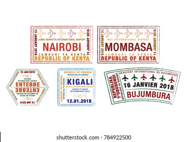Set of stylised passport stamps for major airports of Kenya, Uganda, Rwanda and Burundi  in vector format.
