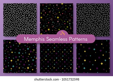 Set of stylish 1980s abstract memphis seamless pattern. Classic texture with simple funky shapes on white background. Vector illustration in memphis pop art style for fashion fabric seamless print
