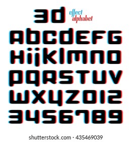 set of stylish, 3d illusion alphabet letters and numbers isolated on white background. 3d effect vector font type design. glitch style lettering. stereoscopic typesetting, distorted typeface