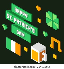 Set of stylish 3d isometric St. Patrick's day design elements with text banner.