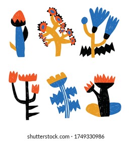 Set of stylish abstract flowers in a graphic style. Vector stylized flowers.