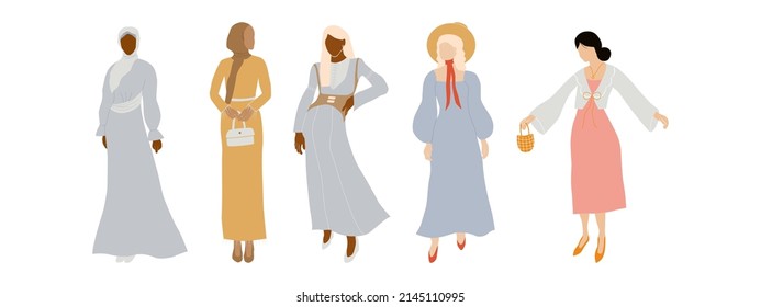 Set of stylish abstract women in dress. Collection of diversity elegant faceless female. Muslim hijab woman. Asian girl. Modern minimal vector illustration isolated on white background. 