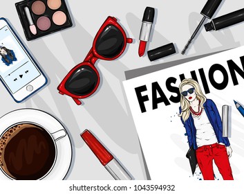 A set of stylish accessories and cosmetics. Fashion magazine, glasses, lipstick, shadows, mascara, smartphone and a cup of coffee. Vector illustration for a postcard or a poster. Fashion & Style.