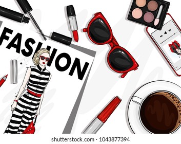 A set of stylish accessories and cosmetics. Fashion magazine, glasses, lipstick, shadows, mascara, smartphone and a cup of coffee. Vector illustration for a postcard or a poster. Fashion & Style.