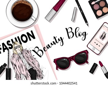 A set of stylish accessories and cosmetics. Fashion magazine, glasses, lipstick, shadows, mascara, smartphone and a cup of coffee. Vector illustration for a postcard or a poster. Fashion & Style.