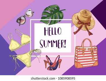Set of stylish accessories for women.  Fashionable women's clothing to relax on the beach. Swimsuit, hat, sunglasses, shoes, bag.