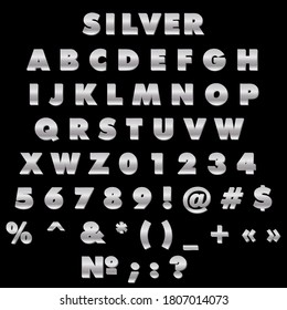 Set of stylish Alphabet Letters, Numbers and Symbols. 3d silver letter. Stock vector illustration on black isolated background.