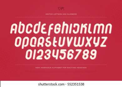 set of stylish alphabet letters and numbers over red background. vector contemporary, slanted font type. modern italics typeface design. inclined, decorative typesetting