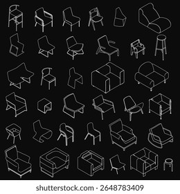 A set of stylish armchairs arranged neatly on a black background, each with unique designs. The white chairs contrast sharply against the dark backdrop, highlighting their elegant forms.
