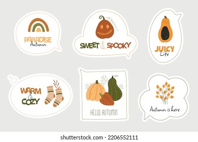 Set of stylish autumn speech bubbles with quotes. Vector warm and cozy hygge collection of autumn stickers and illustrations in cartoon style.