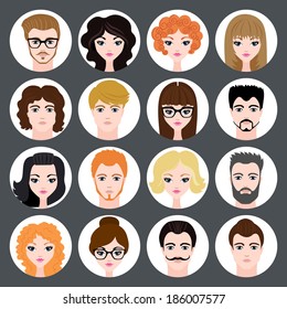 Set of stylish avatars of girls and guys in flat design. Vector illustration