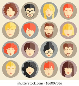 Set of stylish avatars of girls and guys in flat design. Vector illustration