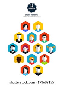 Set of stylish avatars of girls and guys. Flat design. Vector