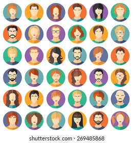 Set of stylish avatars of girls and guys in flat design. Vector illustration