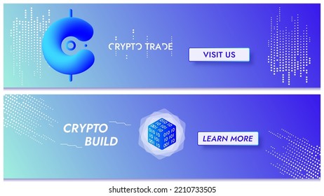 Set of stylish banners for crypto trading, crypto exchange. UI design with action buttons, abstract composition, geometric shapes.