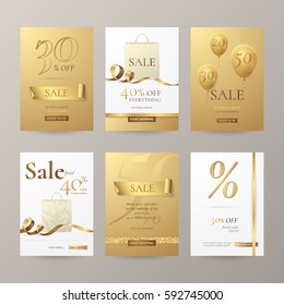 Conjunto de banners elegantes para venda com fitas douradas, saco de compras de papel e balões. Modelo de vetor para ofertas de desconto no site com fundo dourado e branco. Isolado do fundo