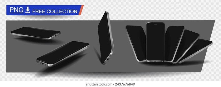 Set of stylish beautiful smartphones of a new model with blank screen on transparent background. Free collection of realistic smartphones from different angles. Mockups of modern phones