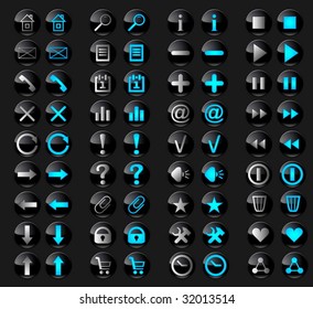 Conjunto de botones elegantes de vidrio negro con iconos web en estado activo e inactivo.