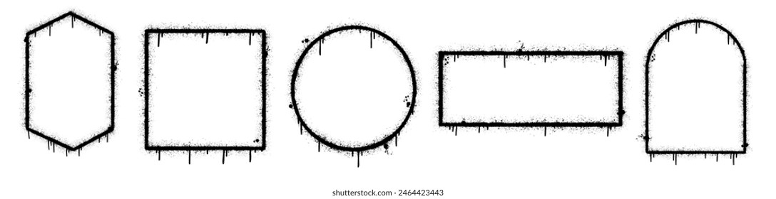 Set of stylish black grunge frames different shapes. Urban street graffiti style with splash effects and drops. Vector Illustration