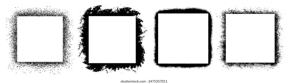 Set of stylish black grunge frames different shapes. Square brush stroke borders.  Urban street graffiti style with splash effects and drops.  Vector Illustration