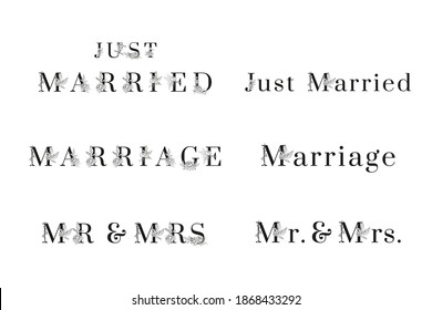 Set of stylish black inscriptions for wedding invitation cards decorated with gentle floral patterns on white background