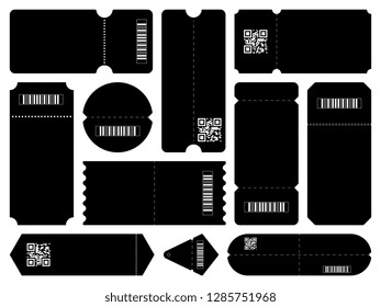 Set of stylish black tickets with only barcodes and QR codes on them